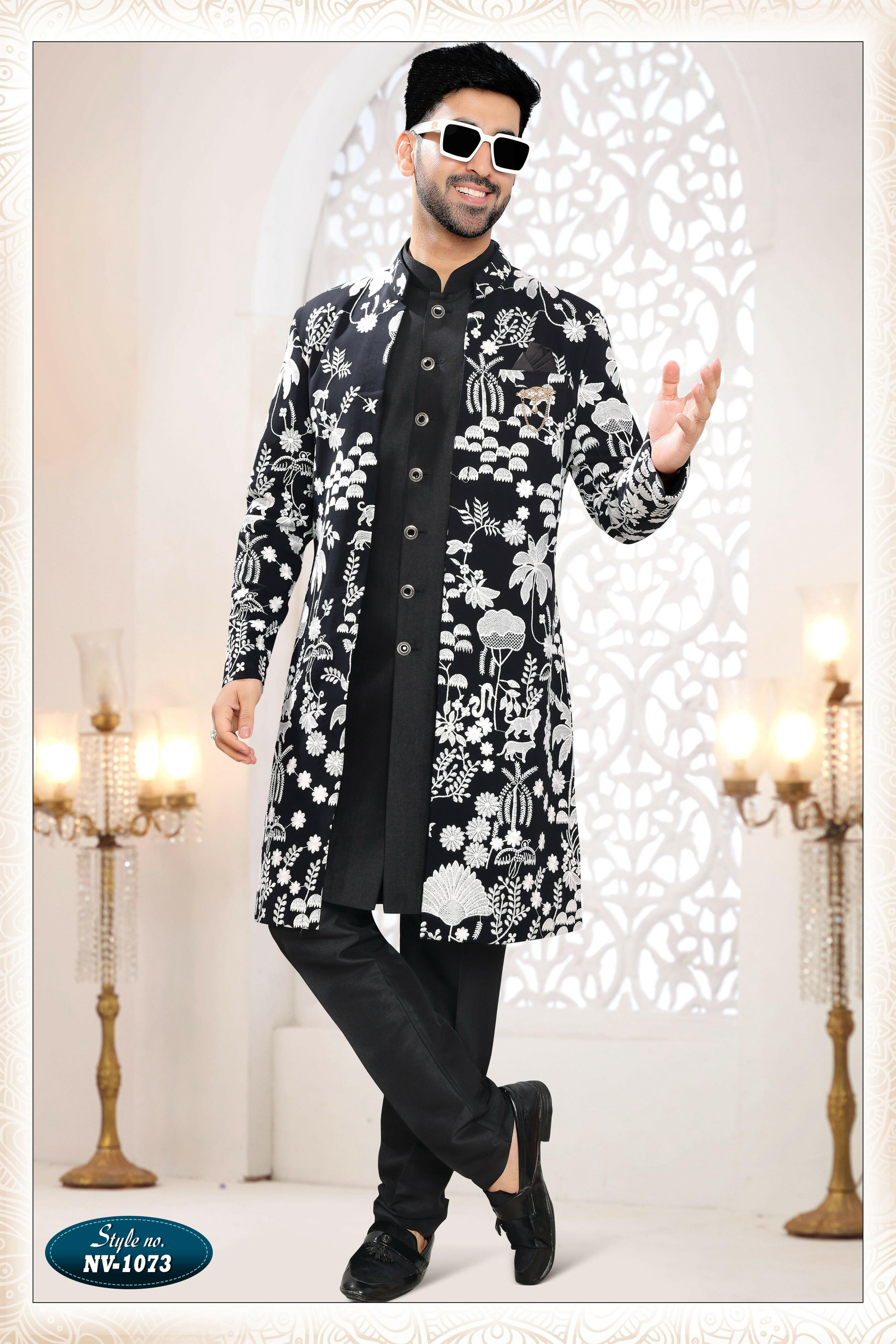 Joban Fashion Men's Black Straight Georgette Thread Embroidery All Over 3 Pc Kurta Set