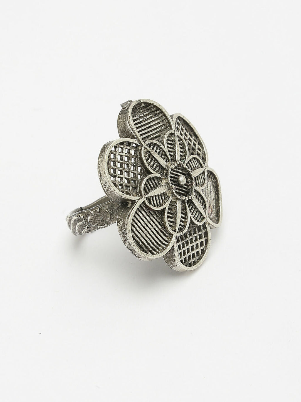 NVR Women's Silver-Toned Floral Shape Adjustable Finger Ring