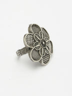 NVR Women's Silver-Toned Floral Shape Adjustable Finger Ring