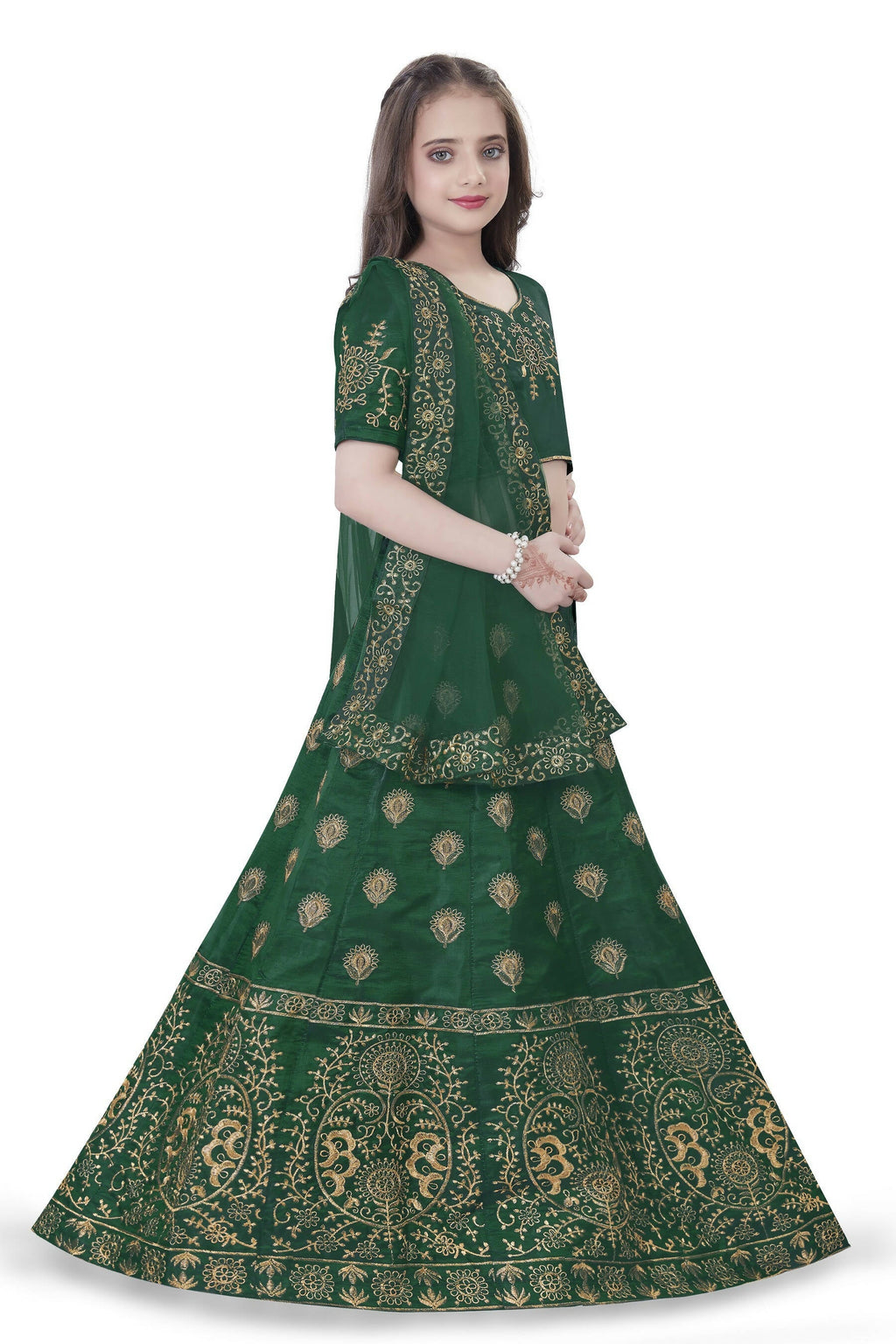 Dwiden Green Gulab Tafetta Sattin Semi-Stitched Girl'S Lehenga Choli