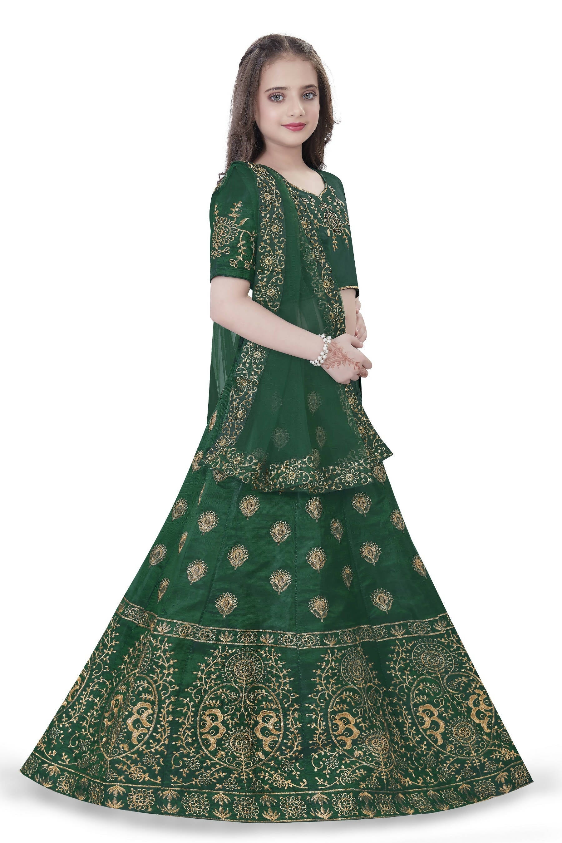 Dwiden Green Gulab Tafetta Sattin Semi-Stitched Girl'S Lehenga Choli