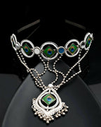VOJ Silver Plated Peacock Printed Hairband With Mang Tikka