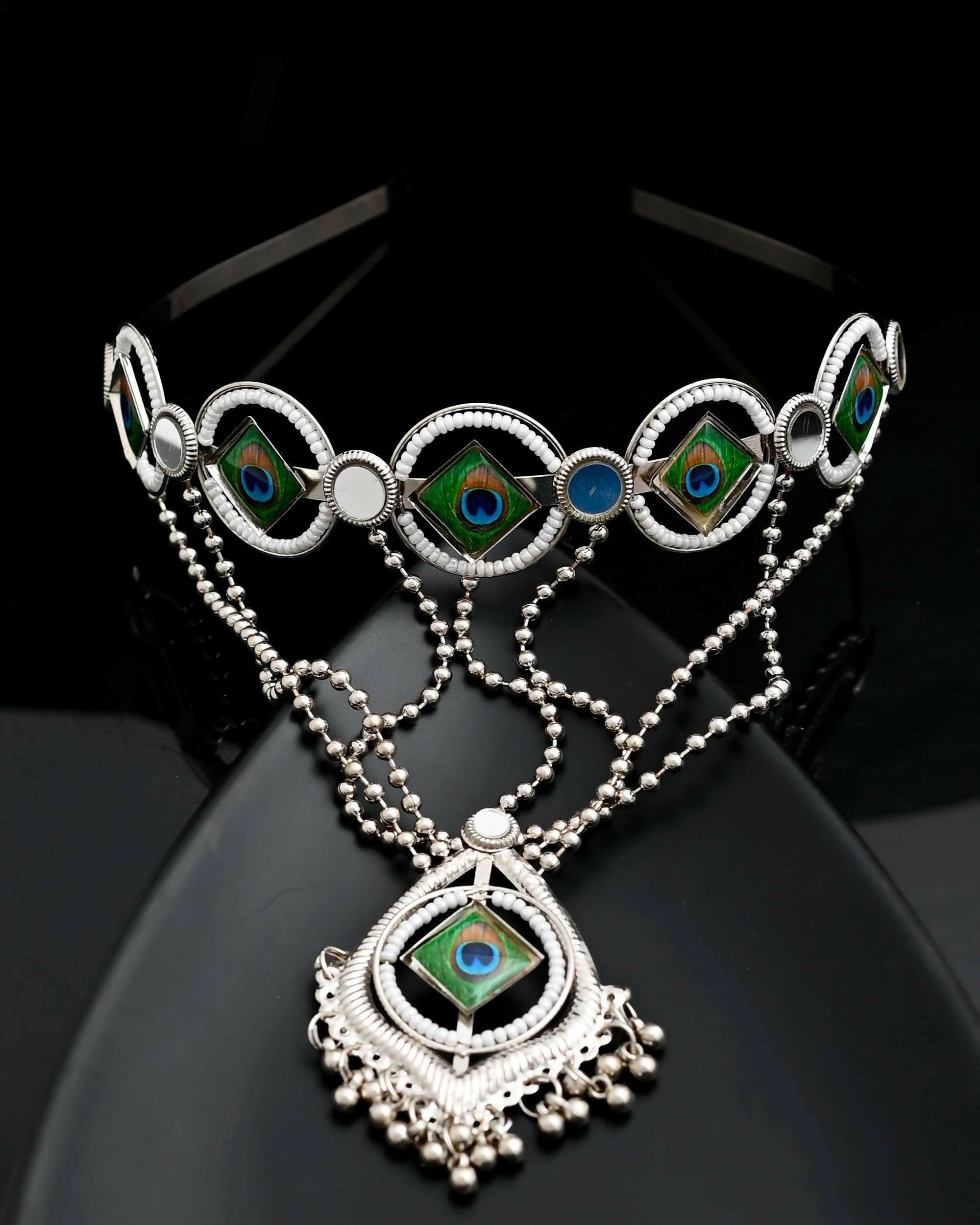 VOJ Silver Plated Peacock Printed Hairband With Mang Tikka