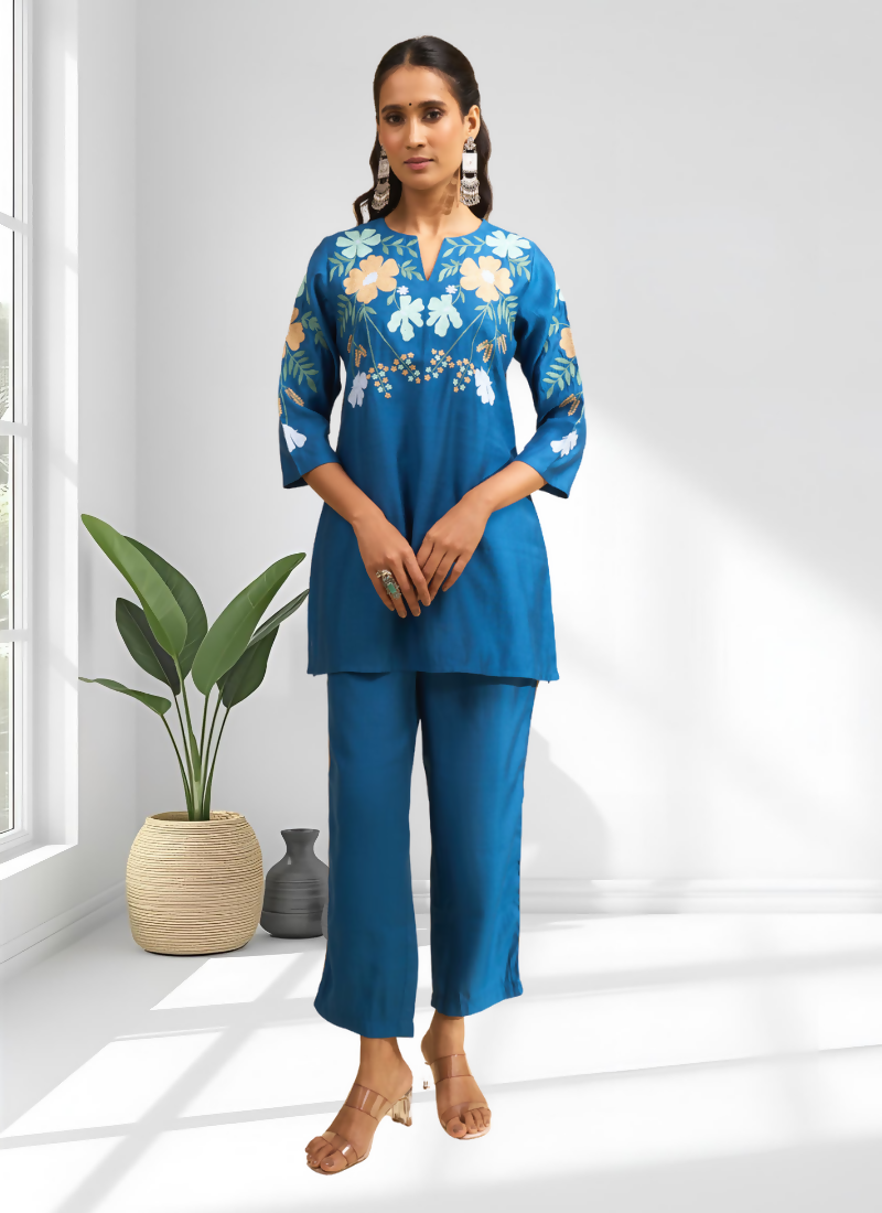 Joban Fashion Teal Silk Embroidered Readymade Cord Set - Distacart
