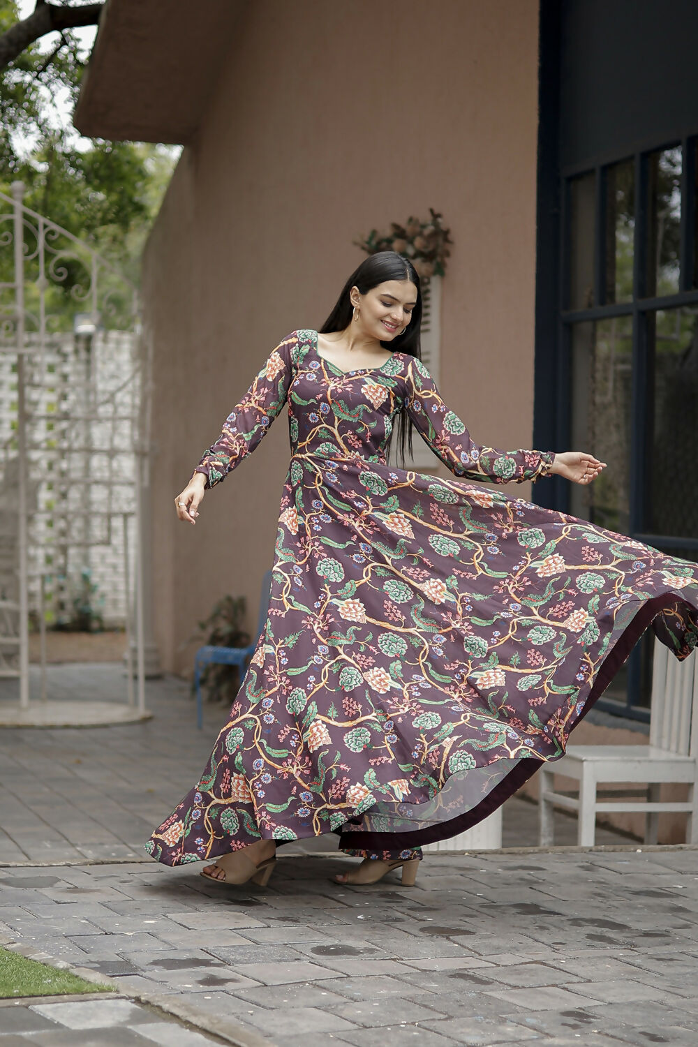 Aayaa Designer Printed Georgette Full Flare Gown With Dupatta - Multi Color - Distacart