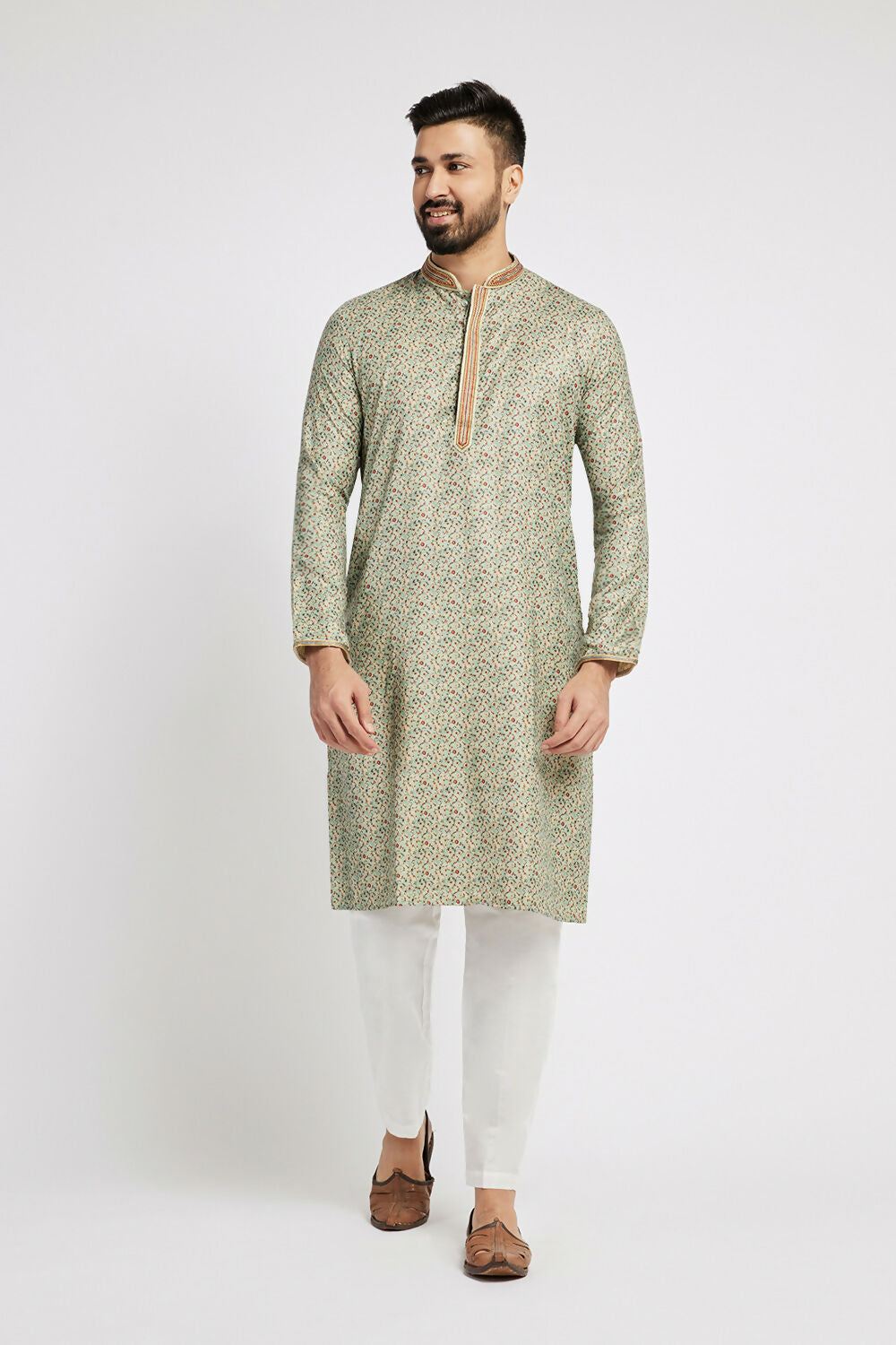 Ethnic India Blue Men's Kurta Floral Polyester