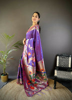 Joban Fashion Purple Zari Woven Floral Motifs Soft Silk Paithani Silk Saree - Distacart