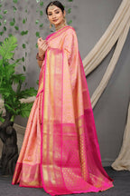 Jyoti Fashion Women's Peach Kanjivaram Silk Zari Woven Saree with Blouse