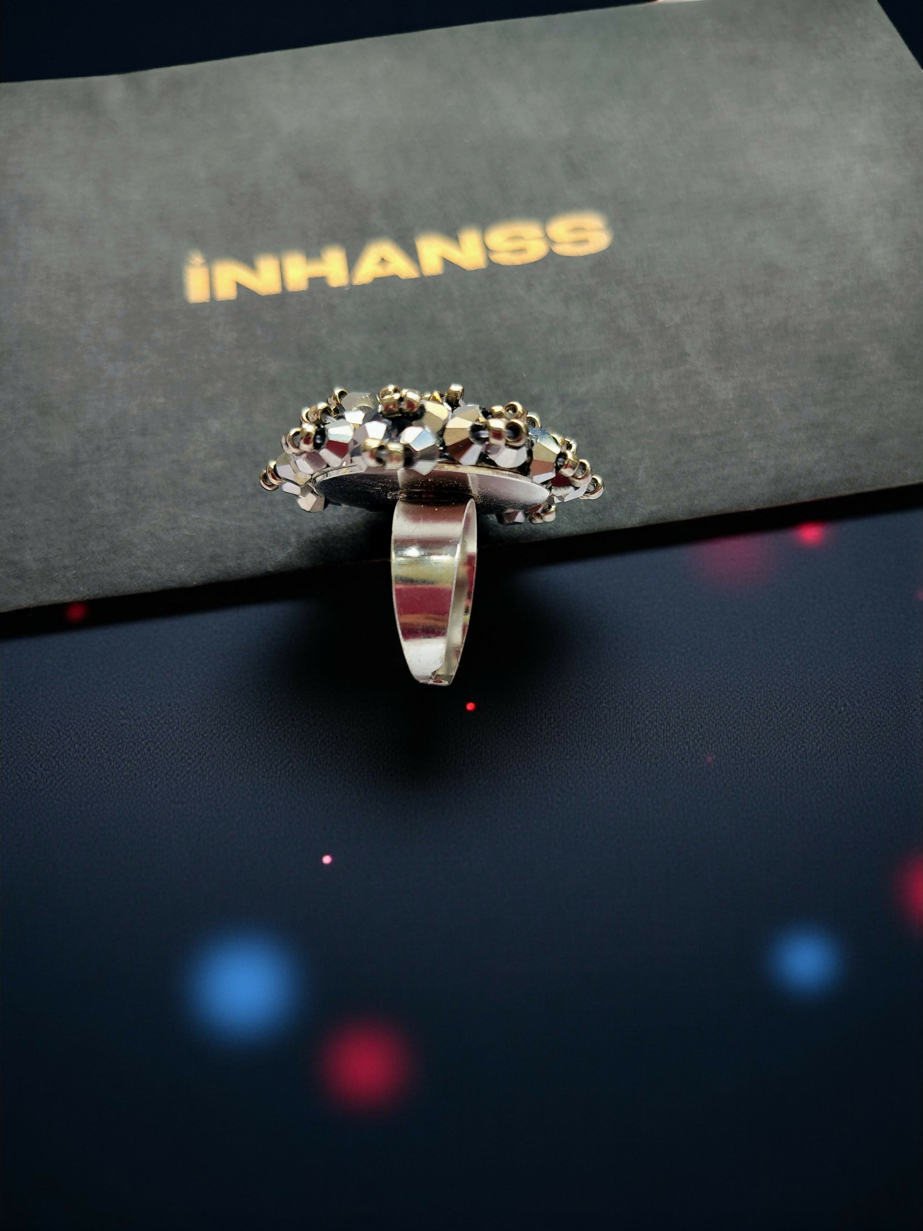 Inhanns Rang-E-Roshan Adjustable Ring – Handmade Crystal Statement Ring - Silver