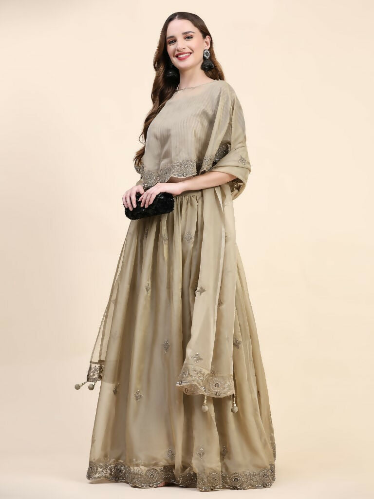 Green Silk Embroidered Poncho Pattern Top & Lehenga with Dupatta - Tanya
