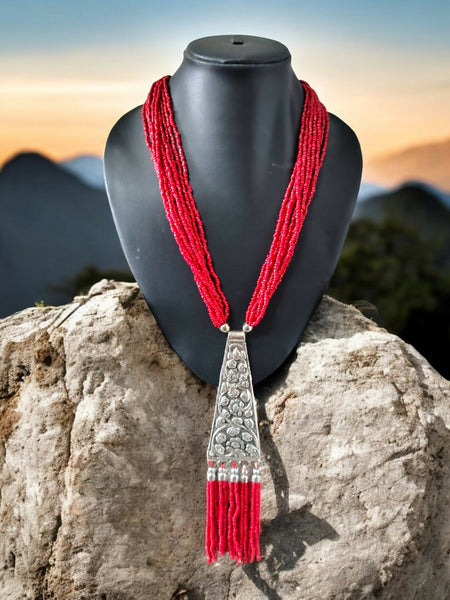 Inhanns Day-To-Dinner Tie Shaped Oxidized Black Metal Multi-Layered Long Only Necklace - Red Necklace