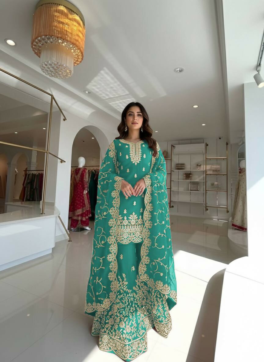 Teeya Creation Turquoise Pure Silk Gimmy Silk Heavy Embroidery Work Wedding Wear Palazzo Pair - Distacart