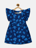 Manet Cotton Frill Bow Frock Leaf Printed - Blue