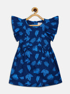 Manet Cotton Frill Bow Frock Leaf Printed - Blue