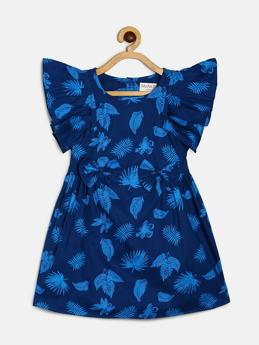 Manet Cotton Frill Bow Frock Leaf Printed - Blue
