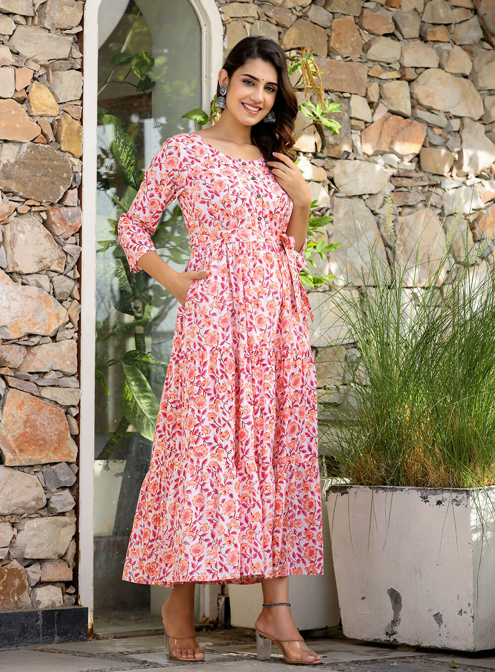 Kaajh Women's Orange Ethnic Floral Hand Block Print Cotton Dress - Distacart