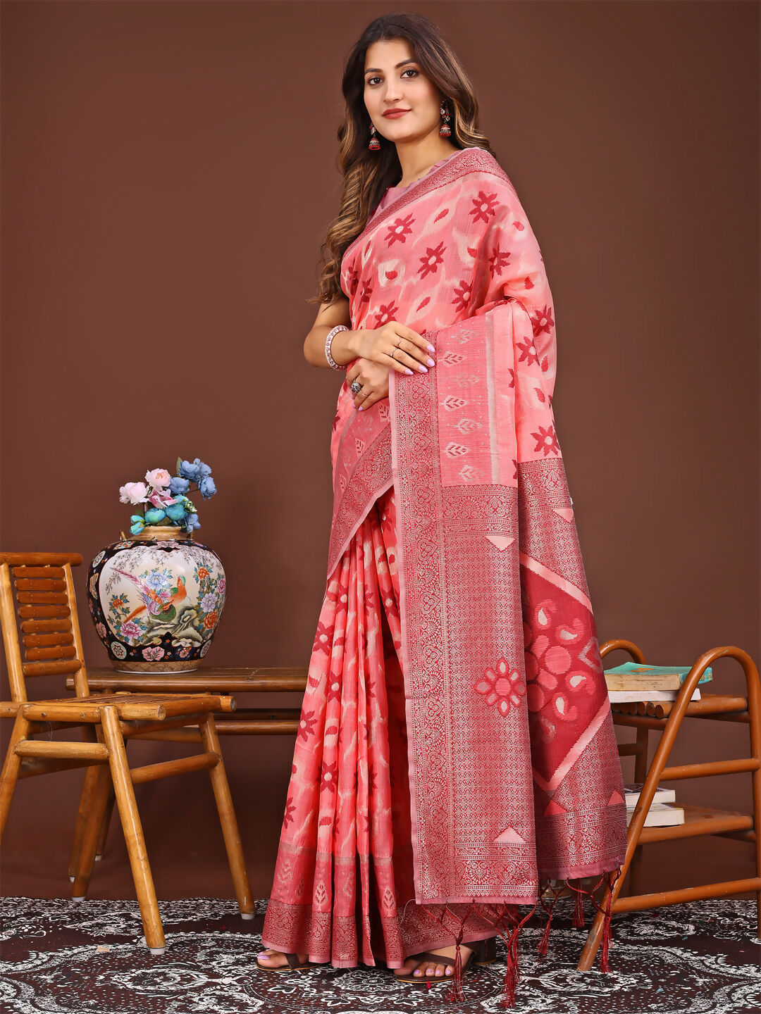 Shree Shyam Fashion Sajni Peach Linen Cotton Saree