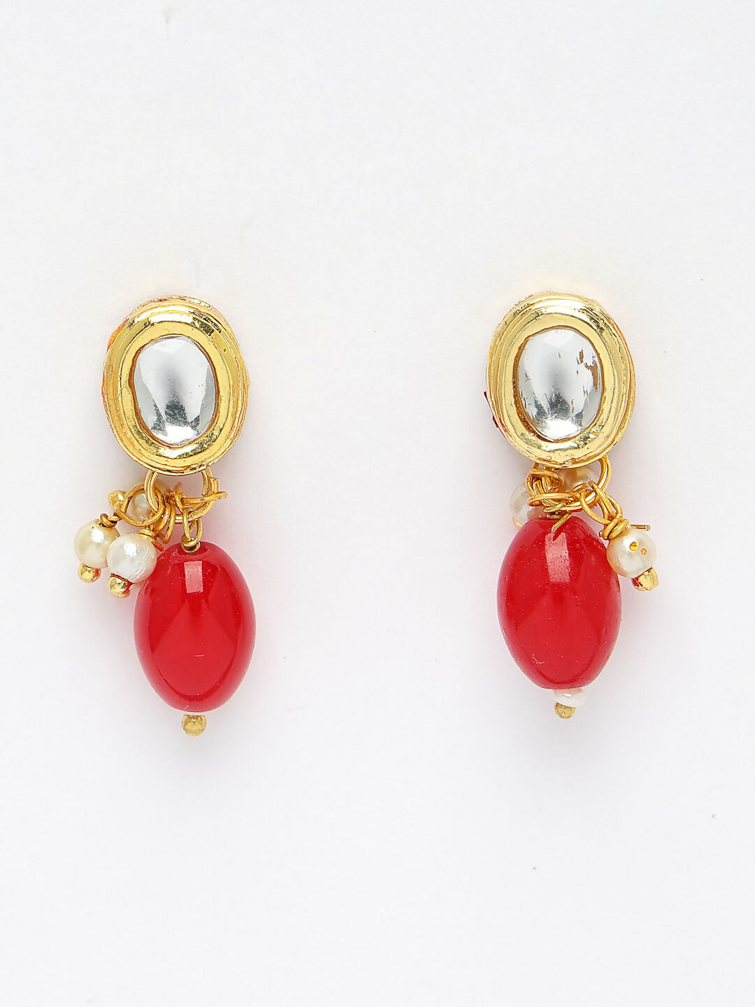 NVR Women's Red Artificial Beads Layered Necklace with Drop Earring