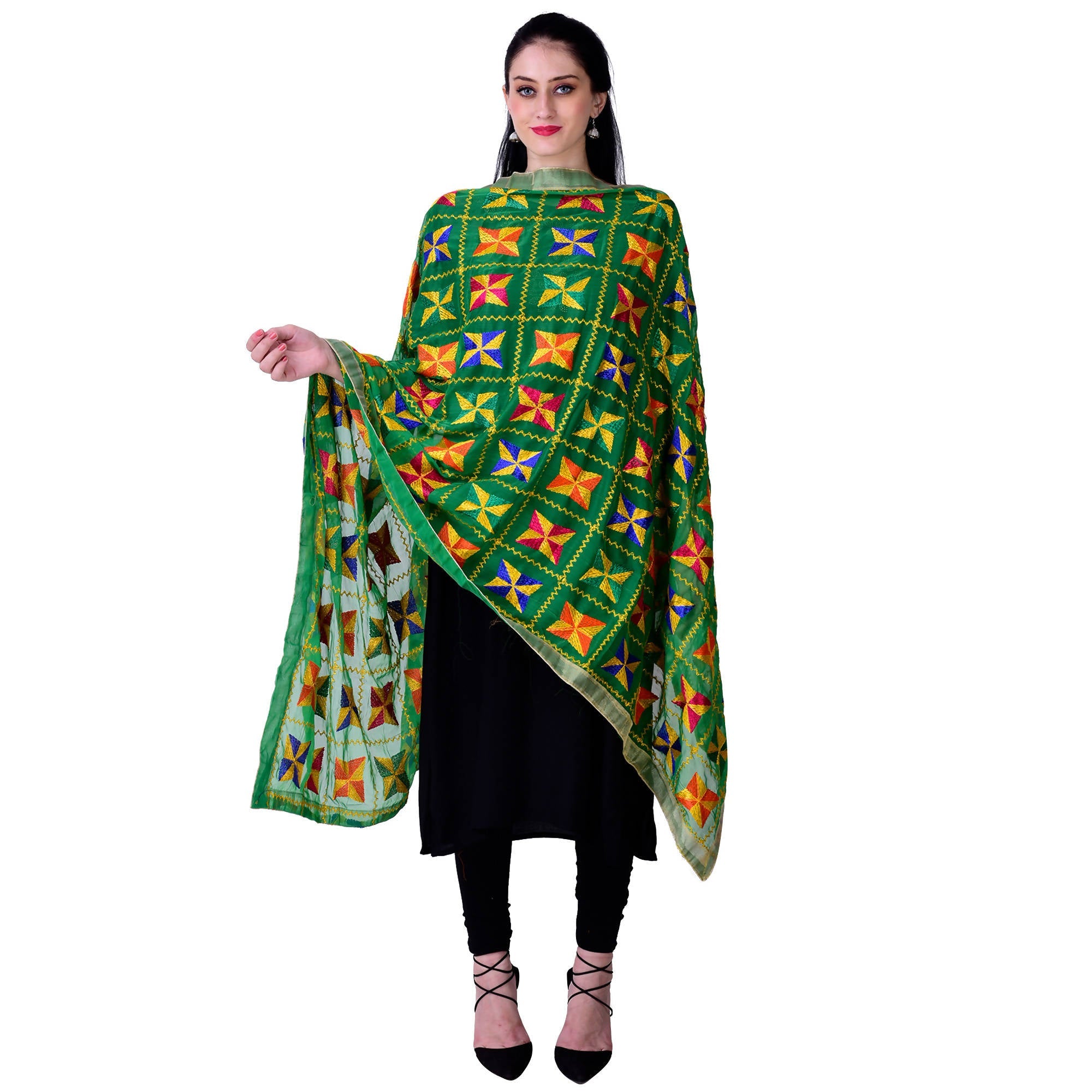 SWI Stylish Embroidered Phulkari Chiffon Green Dupatta