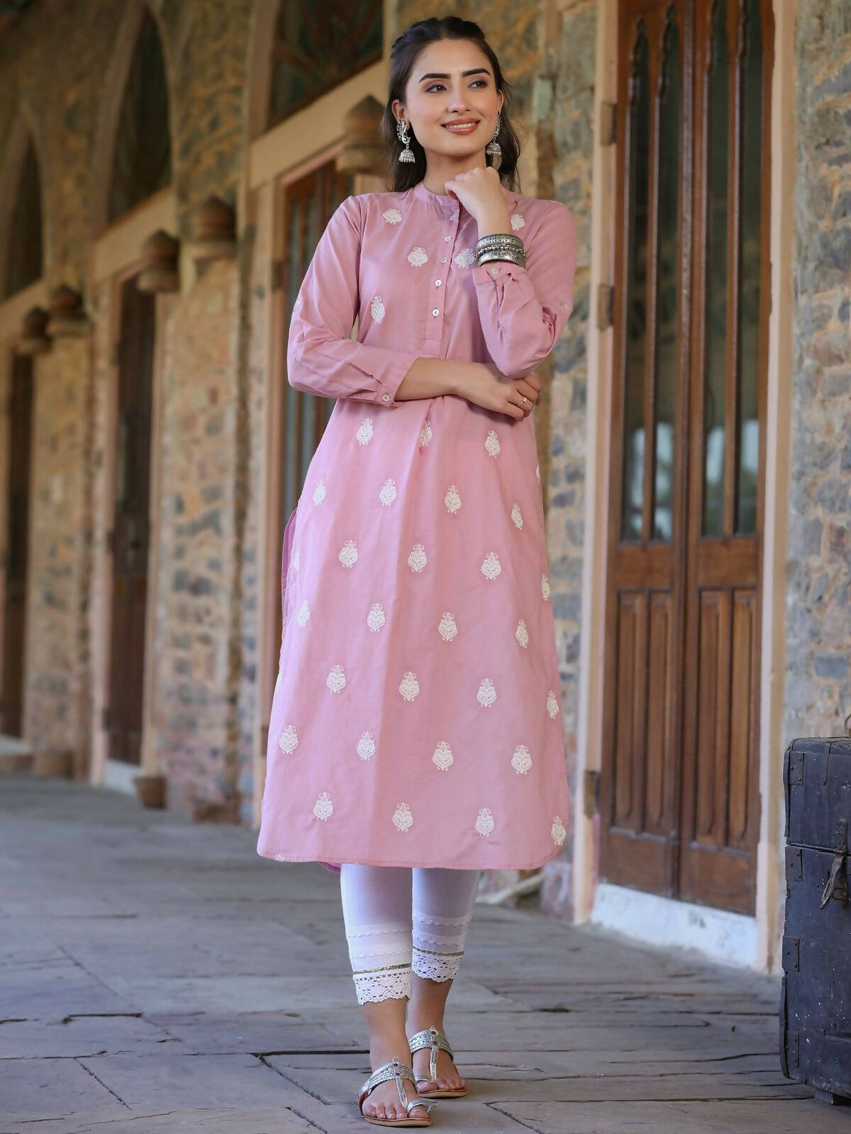 Juniper Women's Pink Cambric Printed Straight Kurta - Distacart