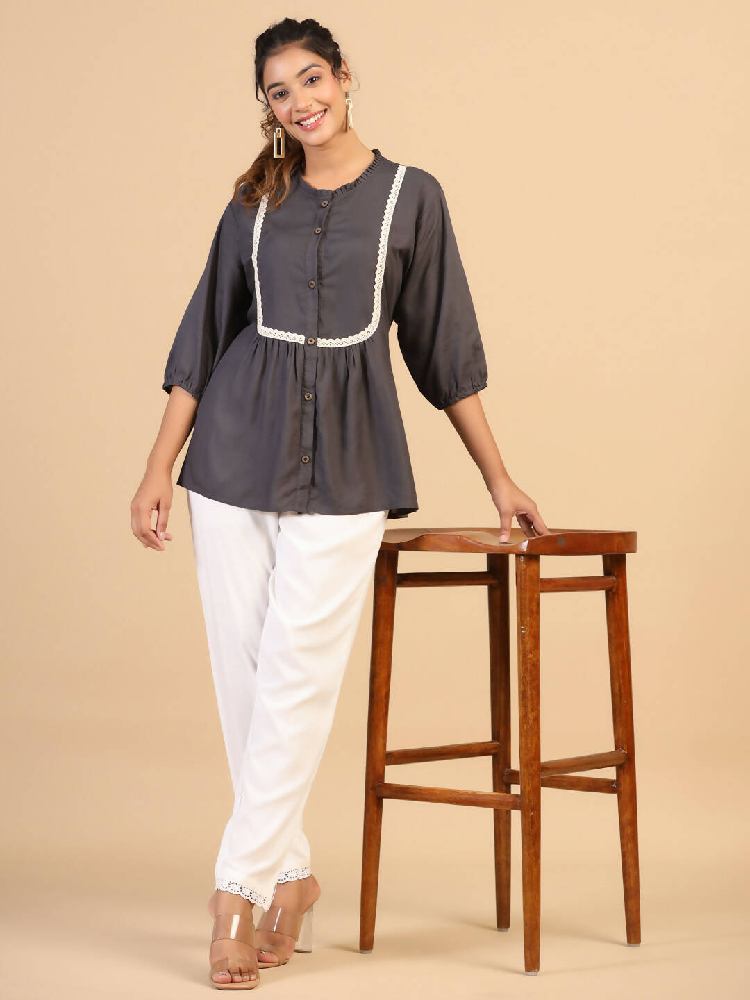 Womens Grey Rayon Solid Top - Keeva