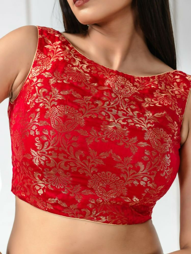 Amodini Designer Studio Women's Banarsi Brocade Sleeveless Red Blouse