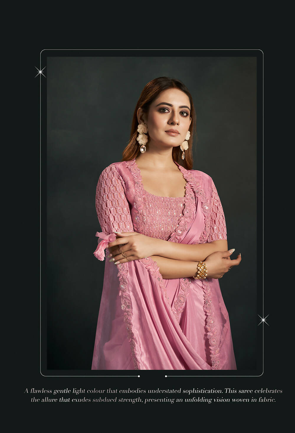 Pink Silk Crepe Georgette Cord Sequence & Thread Embroidered & Stone Work Saree - Moh-Manthan Royal Enigma