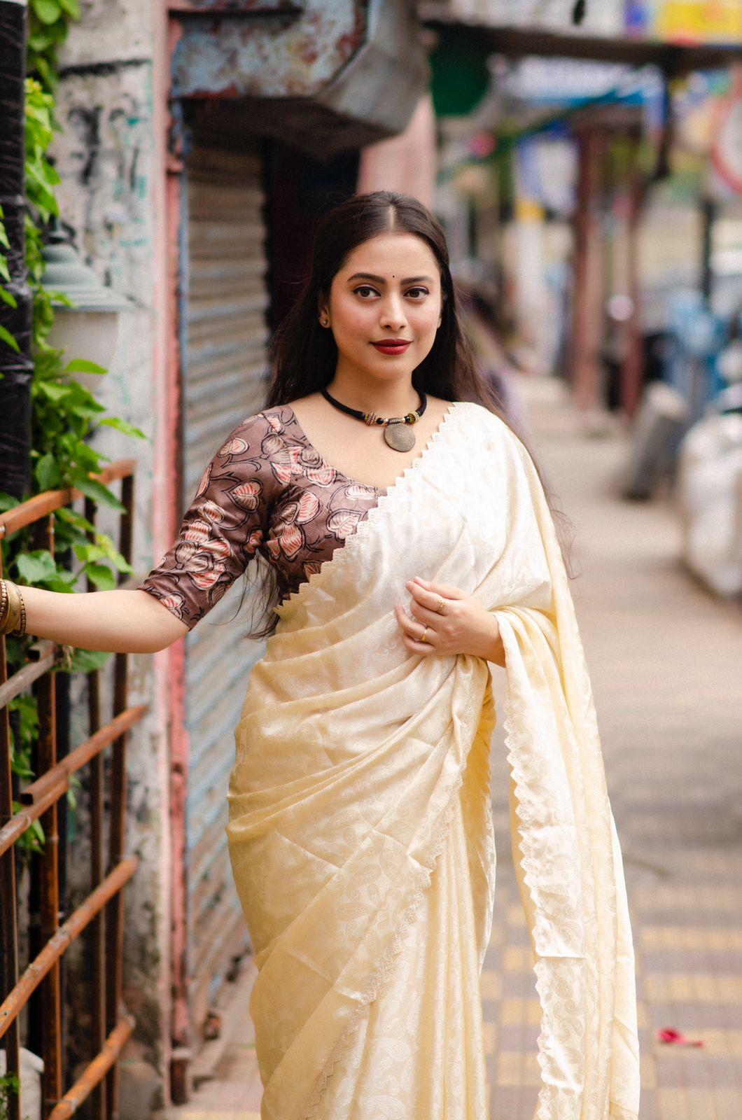 Cream Poly Silk Ethnic Motifs Saree with Unstitched Blouse - Hiral Fashion