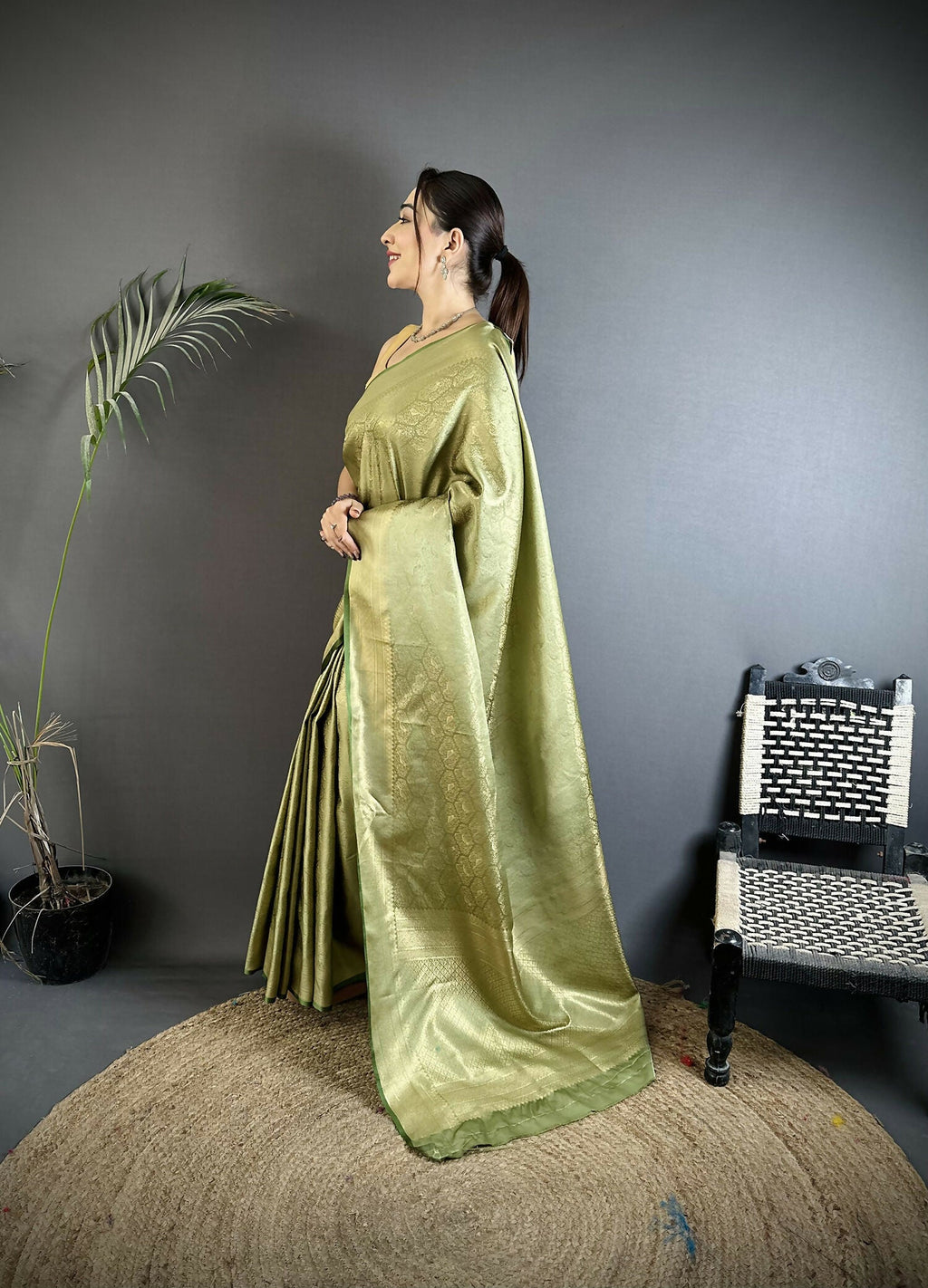 Joban Fashion Dusty Green Paisley & Floral Soft Satin Silk Banarasi Silk Saree - Distacart