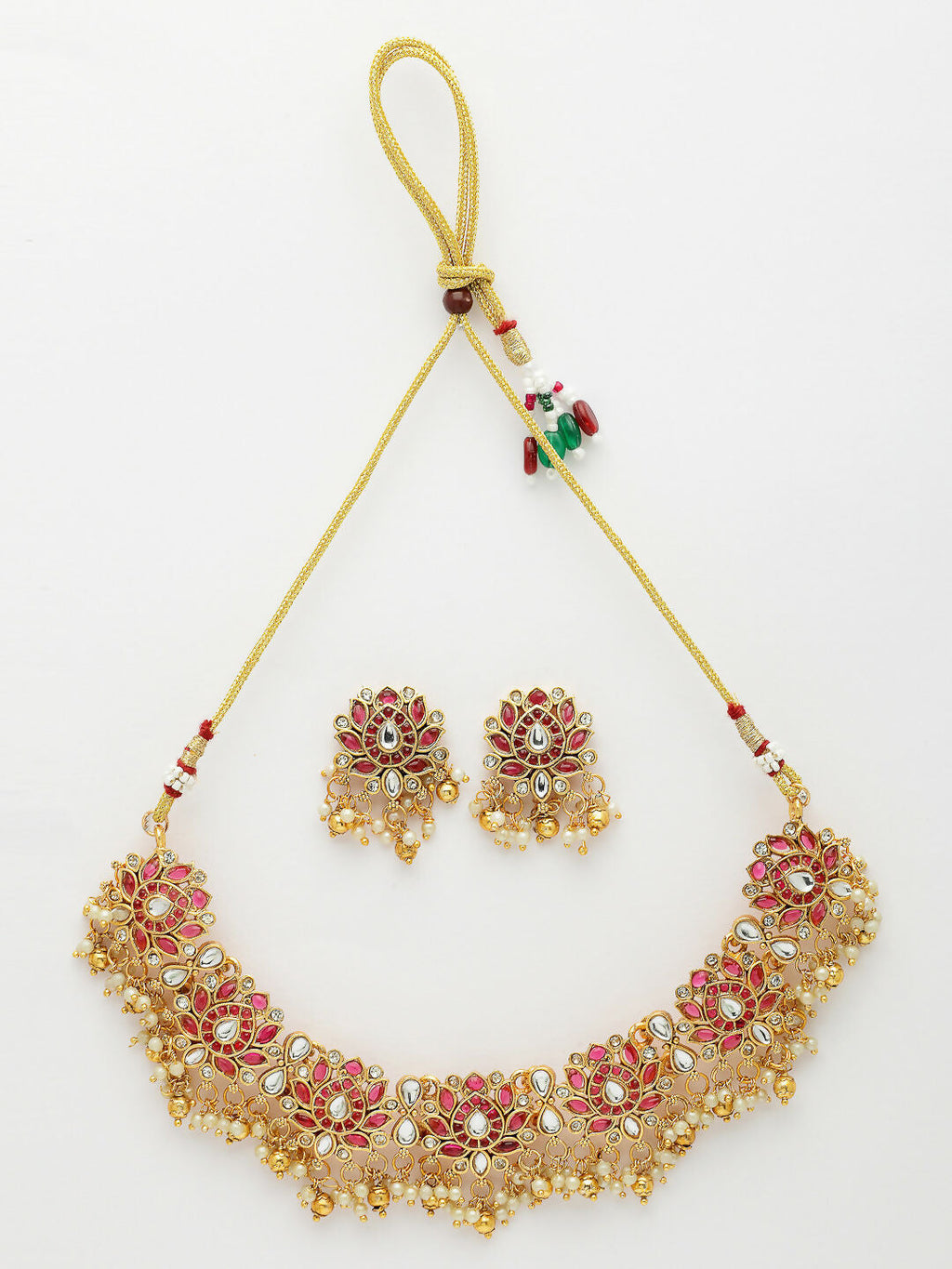 NVR Women's Gold-Polished Red Kundan- Studded & Beaded Handcrafted Temple Jewellery Set