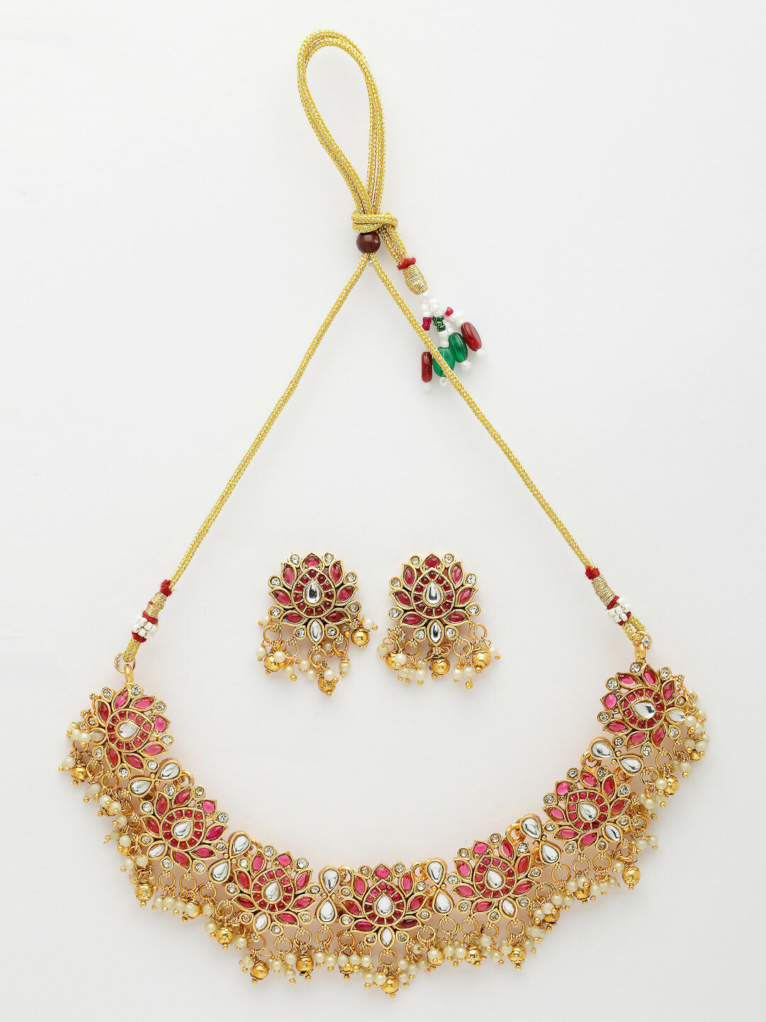 NVR Women's Gold-Polished Red Kundan- Studded & Beaded Handcrafted Temple Jewellery Set