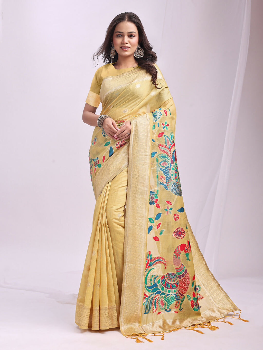 Shree Shyam Fashion Linen Cotton Yelllow Saree - Distacart