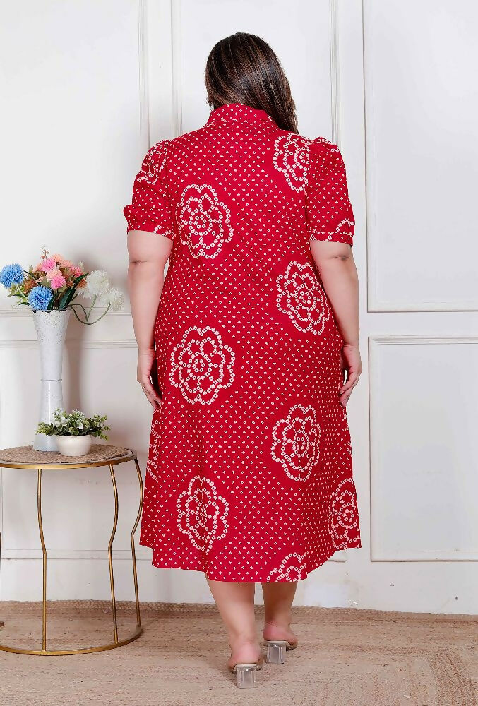 Miravan Plus Size Womens Red Bandhani Printed Collar Neck Maxi Dress - Distacart