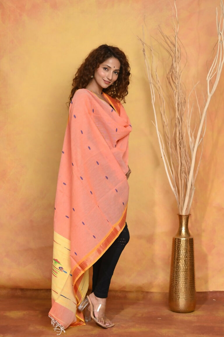 Very Much Indian Handloom Pure Cotton Paithani Dupatta Orange