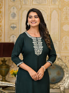 Juniper Women's Green Thread Embroidered Rayon Kurta