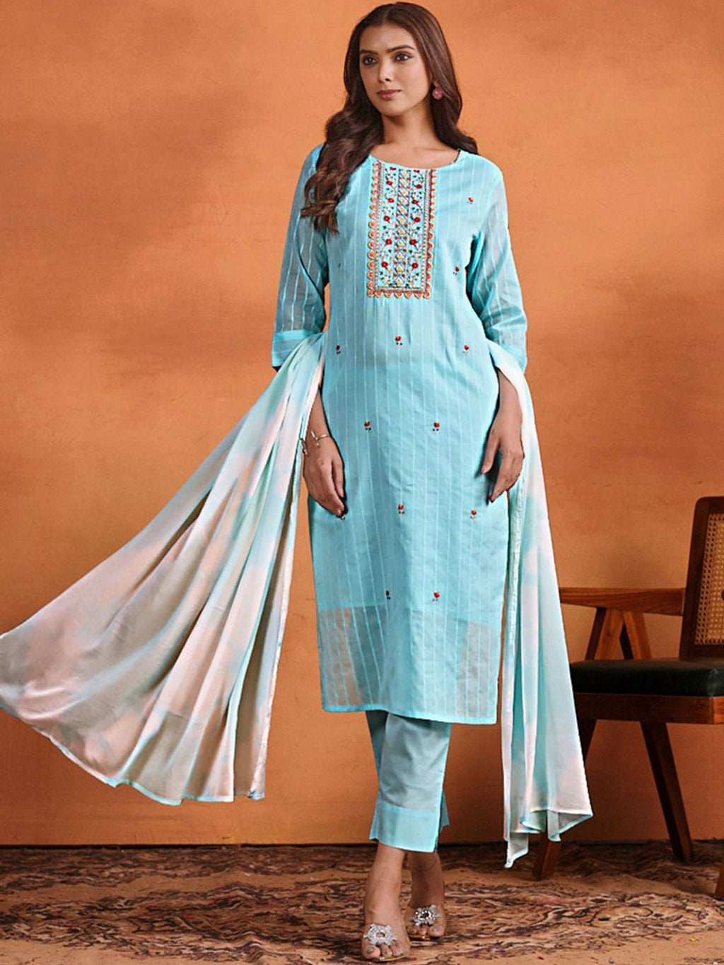 Sangria Ethnic Motifs Embroidered Thread Work Chanderi Cotton Kurta Trouser & Dupatta