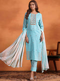 Sangria Ethnic Motifs Embroidered Thread Work Chanderi Cotton Kurta Trouser & Dupatta