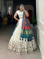 Vastranavya Traditional Special Khadi Cotton Sequins And Thread Embroidery Work Lehenga with Unstitched Blouse - White