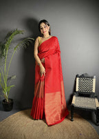 Joban Fashion Red Banarasi Soft Lichi Silk Checks & Woven Saree - Distacart