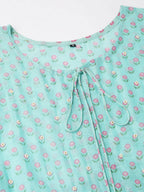 Sea Green Cotton Solid Flared Dress with Printed Shrug - Yukti - Distacart
