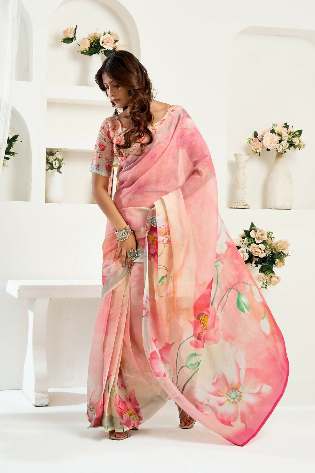 Vastranavya Peach Digital Printed Linen Ready To Wear Designer Saree with Unstitched Blouse - Distacart