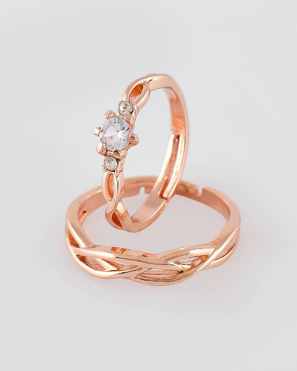 VOJ Stainless Steel Cubic Zirconia Rose Gold-Polished Adjustable Ring Set for Couple