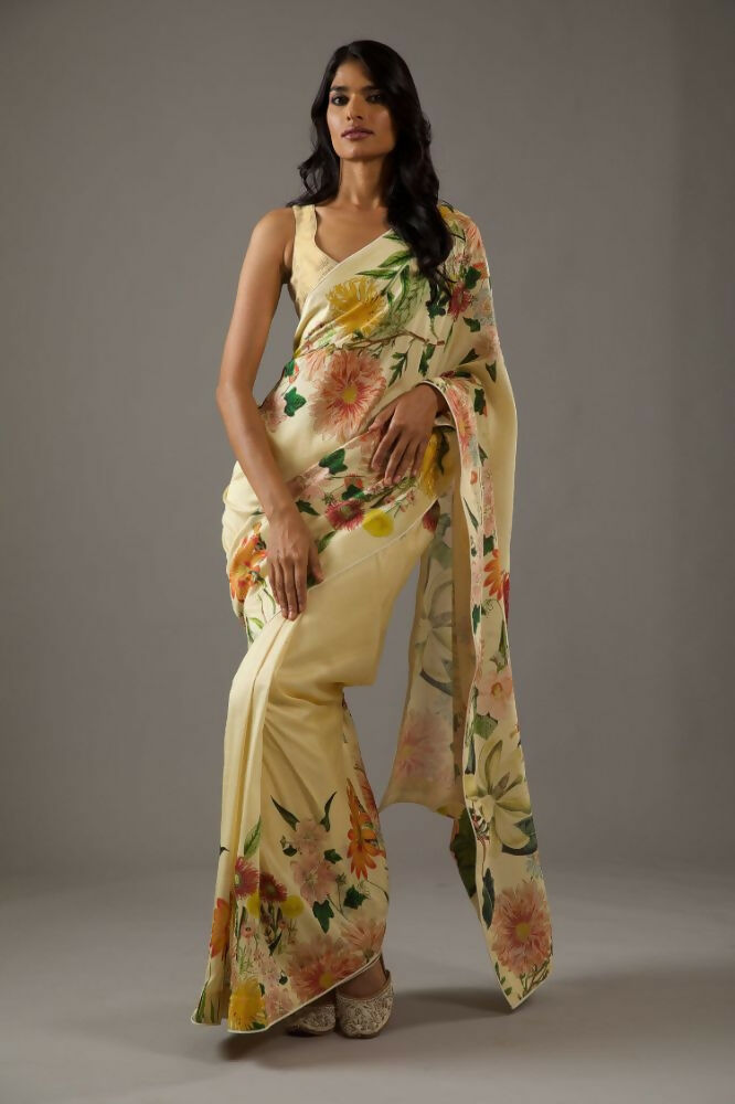 Yellow Bright Moss Designer Digital Printed Party Wear Saree - Be Verly