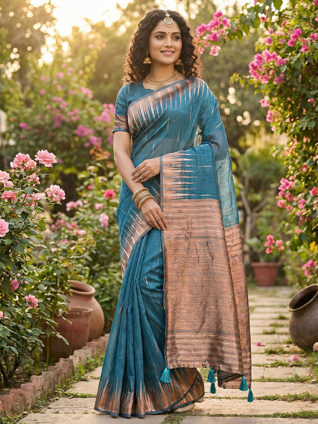 Shree Shyam Fashion Blue Linen Cotton Saree - Distacart