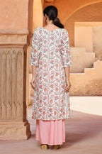 Joban Fashion White Based Flower Printed 'A' Line Princess Cut Cotton Kurti With Contrast Palazzo Set
