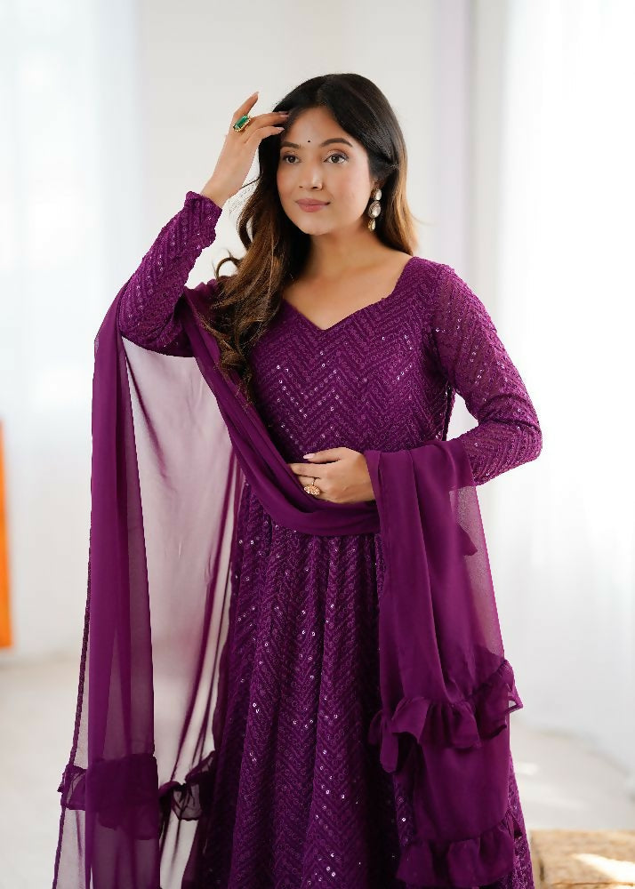 Joban Fashion Wine Kurta Set Georgette Sequence Embroidery Work - Distacart
