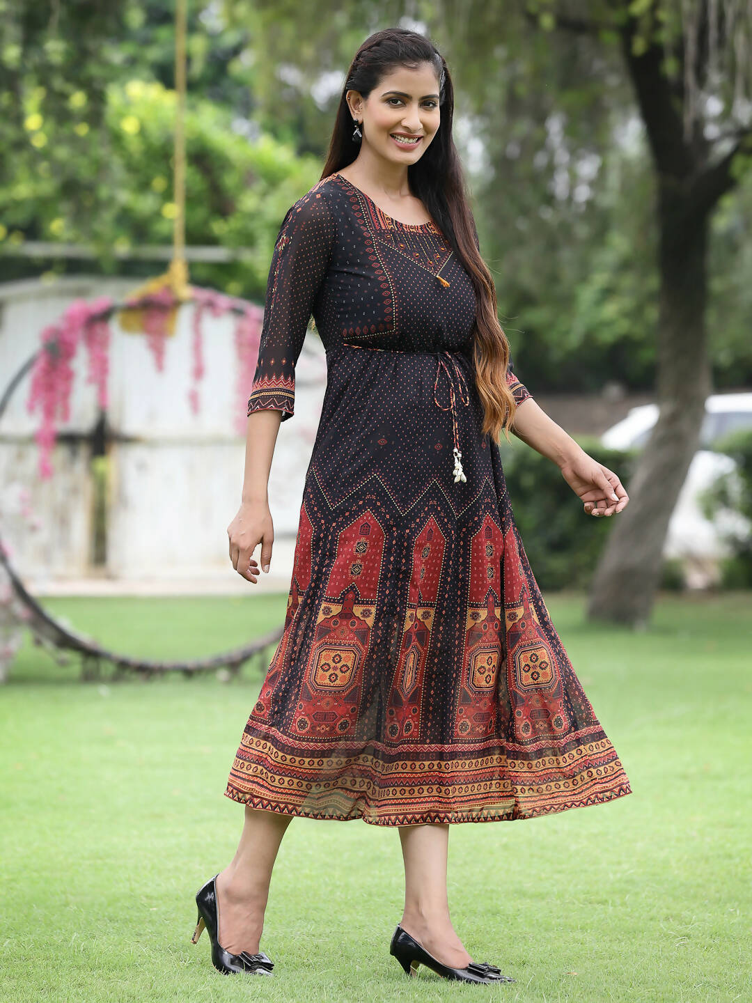 Juniper Black Georgette Festive Printed A-Line Dress For Women - Distacart