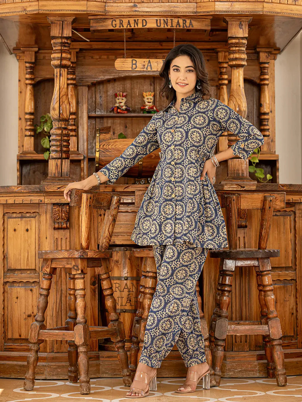 Yufta Ethnic Motifs Print Navy Blue Cotton Co-Ord Set