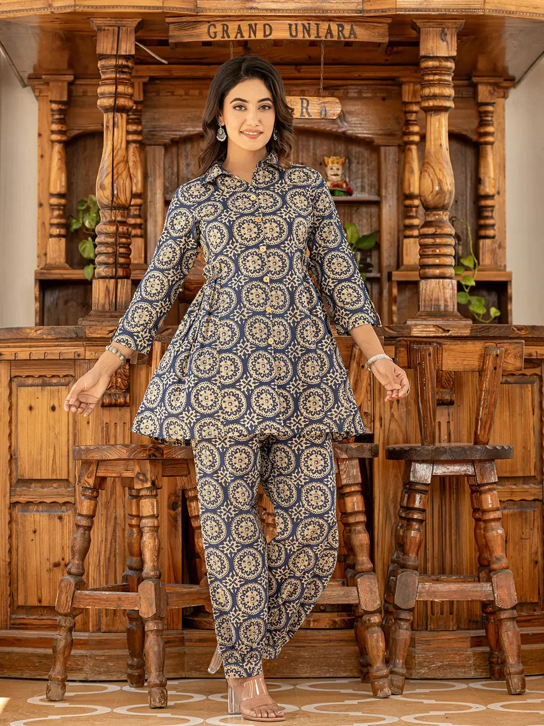 Yufta Ethnic Motifs Print Navy Blue Cotton Co-Ord Set