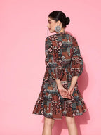 Yufta Ethnic Motifs Print Puff Sleeves Tiered Fit & Flare Pure Cotton Dress - Distacart